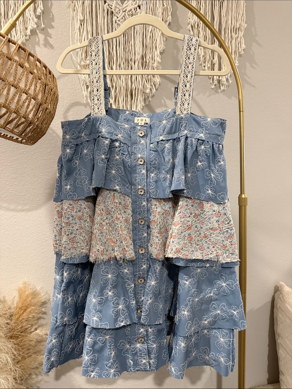 POL Blue Floral Tiered Button Dress with Cream Lace Straps